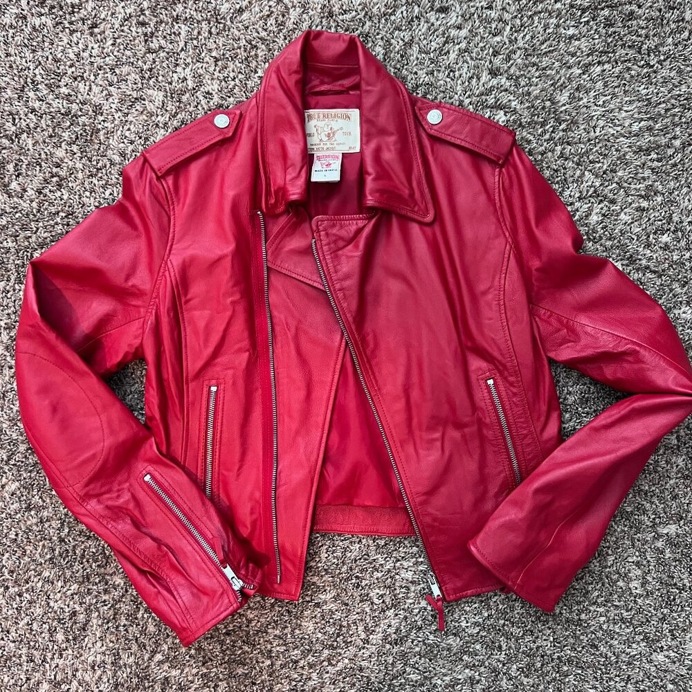 True Religion Red Leather Jacket size Large